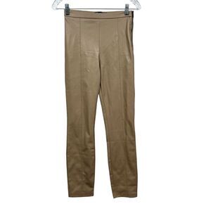Zara Womens Vegan Leather Pants Skinny High Rise Side Zip Ankle Slits Tan Sz S*